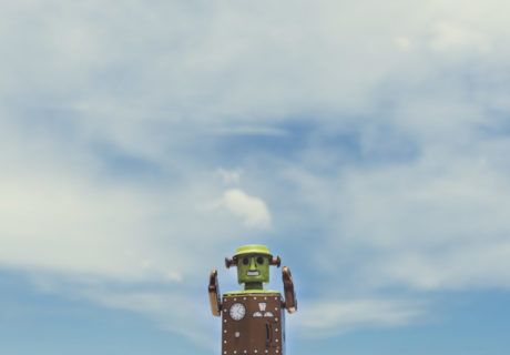 Robot tin toy with sky background - CoderZ - RAWPixel Free images
